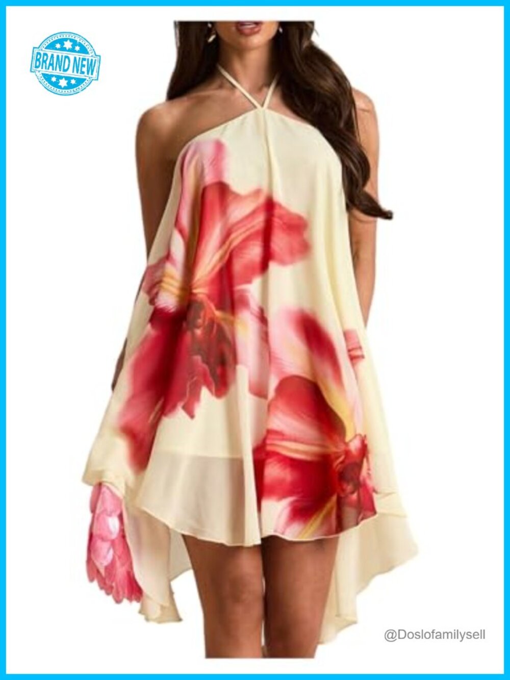 Flowy Floral Halter Mini Dress Ruffle Backless Summer Rave Concert